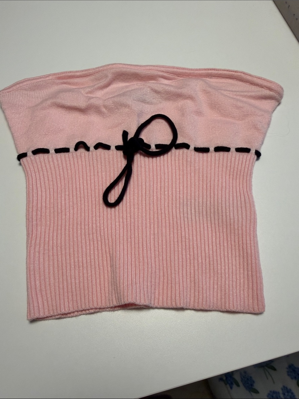 Edikted Pink Strapless Knit Tube Top Sweater with Black Tie Detail